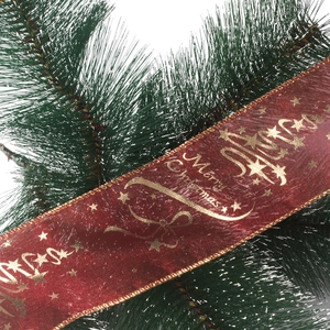 Red Christmas ribbon with gold Merry Christmas print and stars for tree decoration