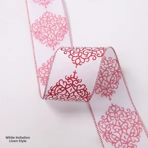Close-up of 2m linen-like white Christmas ribbon with red vintage floral patterns