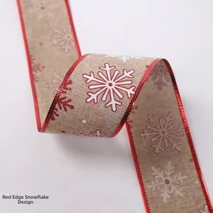 Macro shot of 2m Christmas ribbon with red snowflake print and metallic wire edges