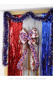 Patriotic July 4th bow with American flag patterns and red truck print decor