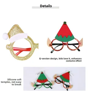 Detail of festive Christmas elf glasses with red hat decor and soft silicone temples