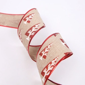 2M Burlap Christmas ribbon with red glitter trees and edges for DIY tree decorations