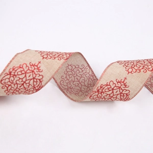 2M Christmas beige linen ribbon with red glitter floral patterns for DIY decor