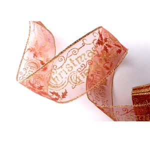 Pink Christmas sheer ribbon with gold glitter Christmas Greetings text and holly patterns