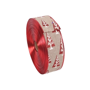 2M Christmas ribbon with red glitter trees on beige linen fabric for DIY tree decoration