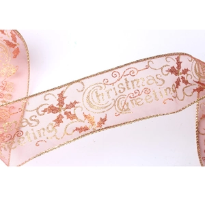Pink sheer Christmas ribbon with gold glitter Christmas Greeting text and holly pattern