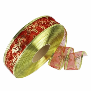 Red Christmas snowflake ribbon with gold stars and metallic edges for tree decor
