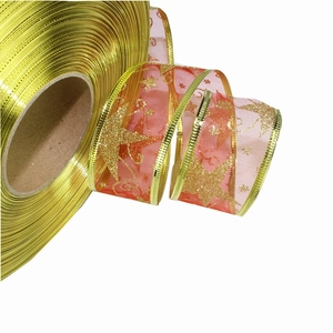 3.8cm gold and red Christmas glitter ribbon with stars for festive tree decoration