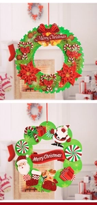 Detail of classic and cartoon Merry Christmas wreaths with poinsettias and Santa Claus
