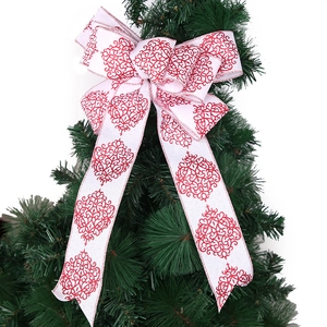 Weiße Leinen-Weihnachtsschleife mit rotem Glitzer-Damastmuster für Christbaumschmuck