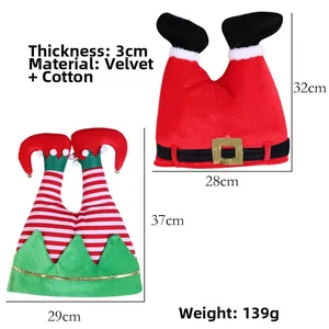 Detail view of plush Christmas elf legs with bells made of soft velvet material