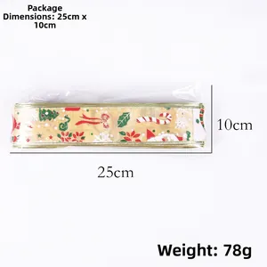 Detail showing 10m gold Christmas ribbon roll with package size 25cm x 10cm and weight 78g