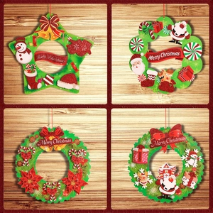 Merry Christmas Cartoon Paper Wreath Hanging Ornament Santa Claus Snowman Reindeer Door Wall Decor Party Supplies Gift