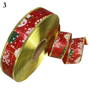 3.8cm red Christmas ribbon with gold edges, white snowflakes, and green tree patterns