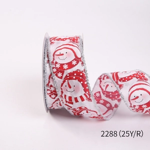 Detail of Christmas ribbon with snowman pattern and silver glitter edges, 25 yards roll