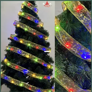 Detail of golden Christmas LED ribbon with colorful glowing lights and starry patterns