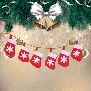 Set of 6 red velvet Christmas stockings with white snowflake prints on a brown rope