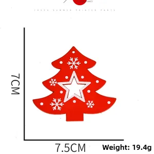 Christmas tree wooden ornament in red with white snowflake and star patterns, 7x7.5cm