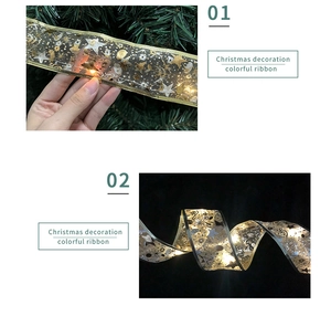 Detailed view of glowing LED Christmas ribbon with gold patterns for holiday tree decor