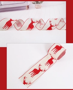 Detail of Christmas reindeer linen ribbon with red stitched edges for tree decoration