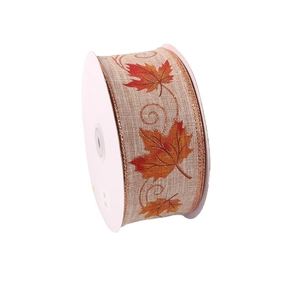 Christmas burlap ribbon with orange maple leaf patterns and gold metallic edges