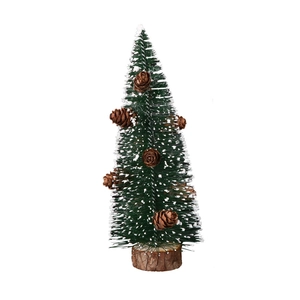 Mini green tabletop Christmas tree with white snow dusting and pine cones on a wooden base