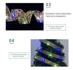 Detail of Christmas LED ribbon with gold star patterns and glowing multi-colored lights