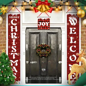 Christmas door banners featuring red plaid patterns and Merry Christmas text on dark door