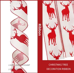 Detail of Christmas ribbon with red reindeer pattern and stitched edges for tree decor