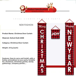 Detail of red buffalo plaid Christmas porch banner in durable 600D oxford cloth fabric