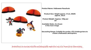 Detailed view of Halloween parachute decorations featuring skull, witch, and cat designs