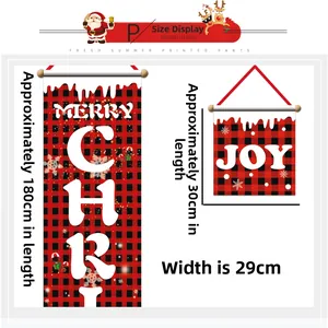 Detail view of red and black plaid Christmas door banners with Merry Christmas and Joy text