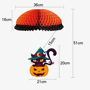 Detailed dimension guide for Halloween parachute cat and pumpkin paper hanging decor