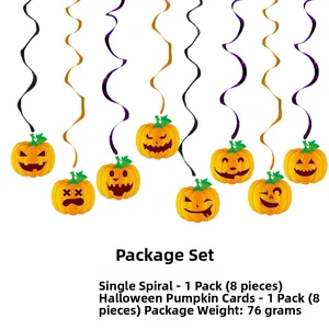 Detailed set of 8 Halloween spiral ornaments with orange pumpkin cards for party decoration