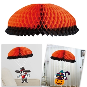 Detail of Halloween honeycomb parachute decorations with skull and cat character tags
