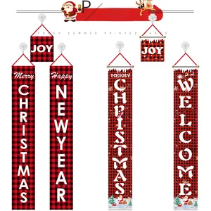 Close-up of red and black buffalo plaid Christmas porch banners with festive holiday graphics