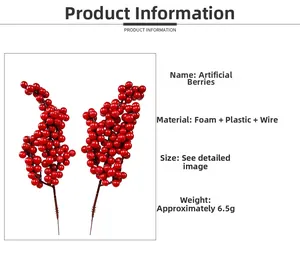 Detail view of red artificial berries with material specs and weight specifications