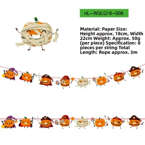 Detail of Halloween pumpkin paper garland with various cartoon faces and size parameters