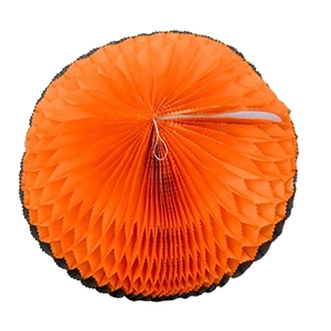 Detail of orange and black honeycomb paper parachute ornament for Halloween party decor