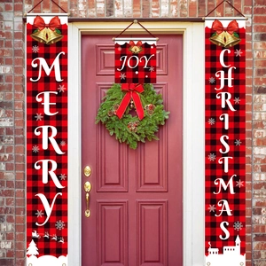 Close-up of three-piece red buffalo plaid Christmas door banners with Merry Christmas text