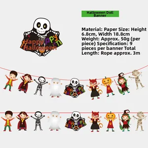 Detail of paper Halloween banner with 9 spooky characters like pumpkin and skull