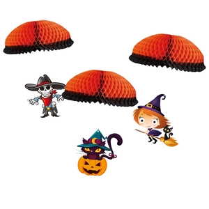 Detail of Halloween paper hanging set with witch, skull and cat honeycomb ornaments