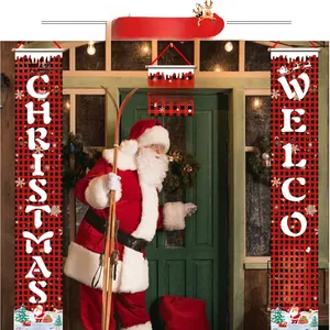 Detail of red buffalo plaid Christmas door banners with Merry Christmas and Joy text