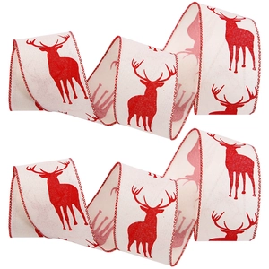 6.3cm Christmas linen ribbon with red reindeer pattern for festive tree decoration