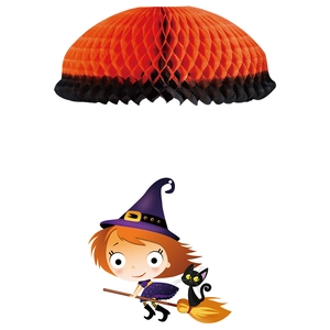 Halloween hanging witch and honeycomb paper decoration with orange and black parachute