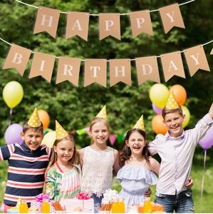 Close-up of Happy Birthday kraft paper bunting banner for children party decoration