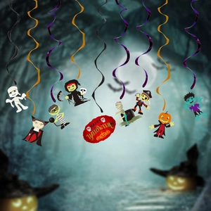 Halloween spiral hanging decorations set with assorted cartoon character charms for party