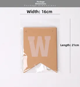 Brown kraft paper banner with white letter W and packaging dimensions 16cm by 21cm