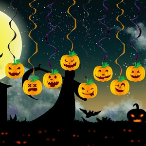 Detail of hanging Halloween pumpkin swirls with cartoon faces and colorful PVC spirals