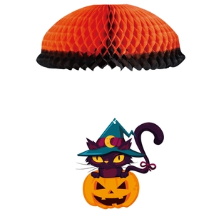 Halloween black cat witch on pumpkin parachute hanging honeycomb paper party decoration